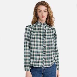 Xirena Nicholson Ruffle Green Plaid Button Down Cotton Blend Shirt Top Nwt L